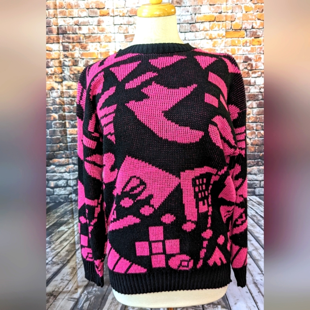 Vintage 80s Lauren Knitwear Corp Geometric Crew Neck Sweater Jumper (168936-201)